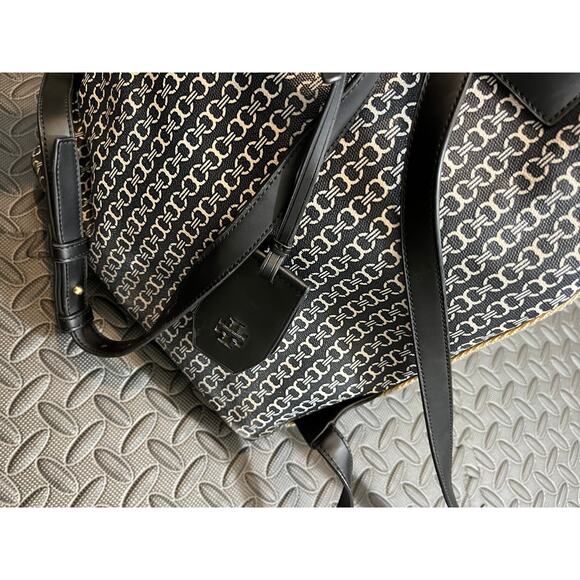 Tory Burch Gemini Link Canvas Leather Backpack Black & White Womens Travel - Picture 7 of 16